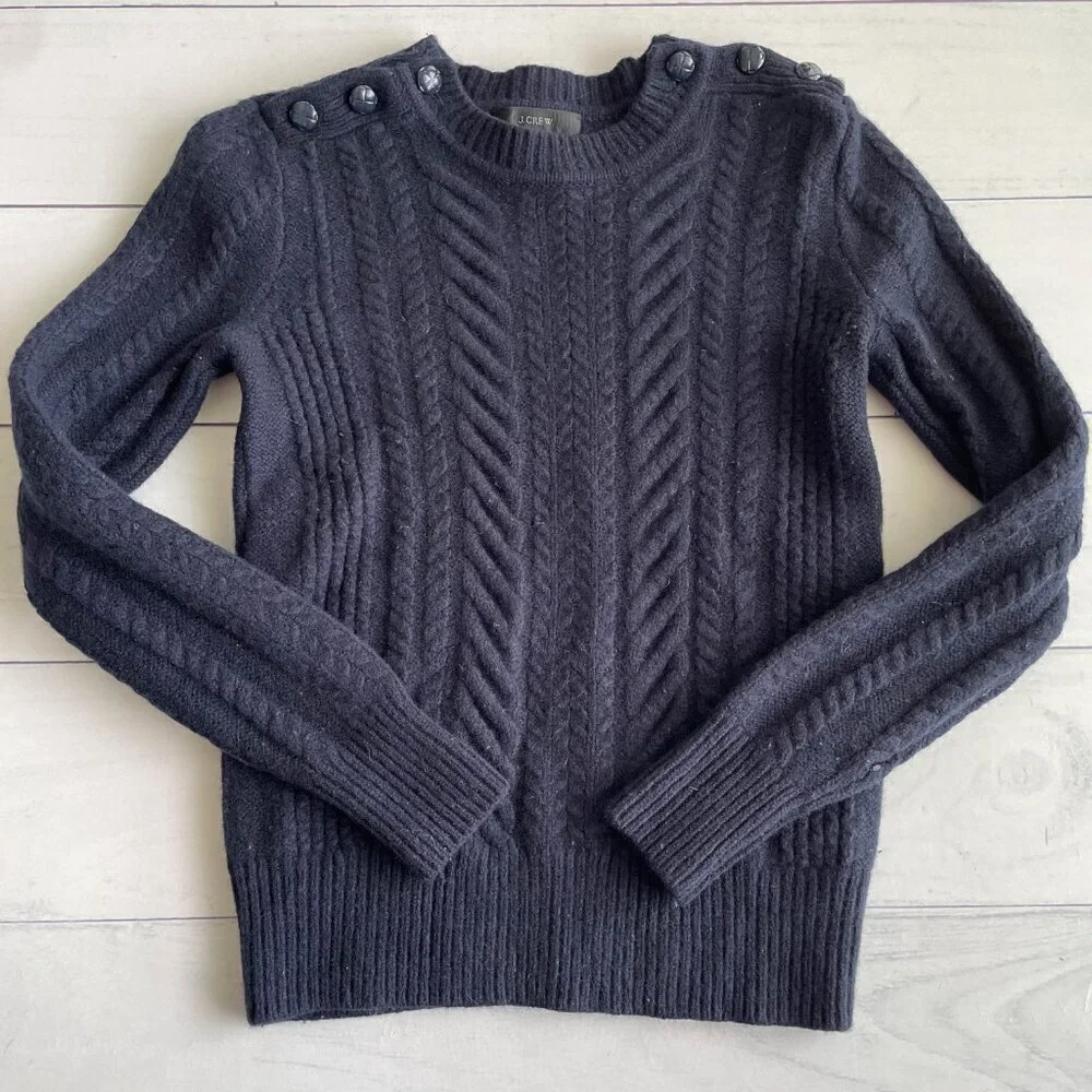 J. Crew Girl's‎ 100% Wool Cable Knit Crew Neck Sweater, Navy Blue